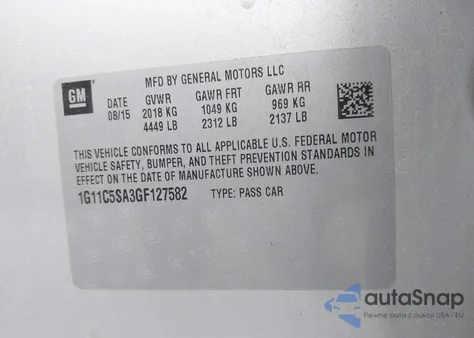 2016 Chevrolet Malibu Limited Lt из США, поврежденный, VIN 1G11C5SA3GF127582